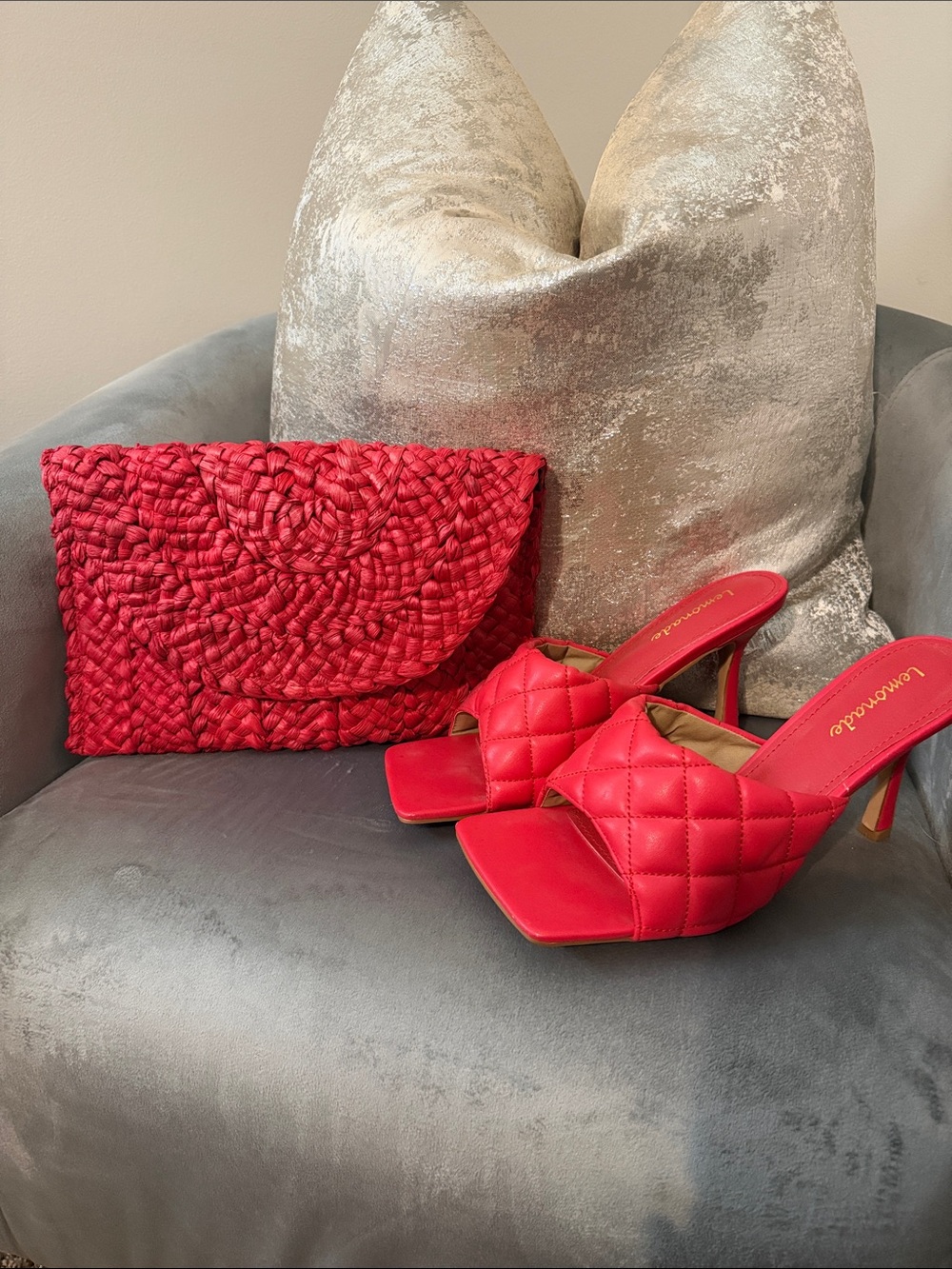 Red Quilted Heeled Mules with Woven Clutch